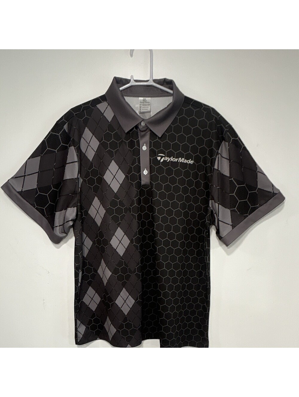 Men’s L Golf Polo Shirt Black Gray Argyle Short Sleeve Button